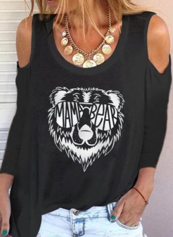 Women's Mama Bear Shirt Animal Print Cold Shoulder U Neck Long Sleeve Daily Mother's Day Shirt