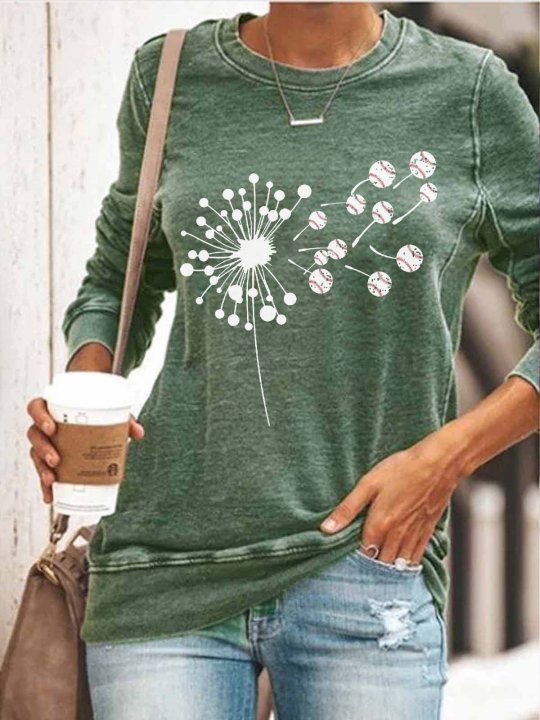 Women's Floral Dandelion Seeds Floral Baseball Paddle Print Long Sleeve Sweatshirt