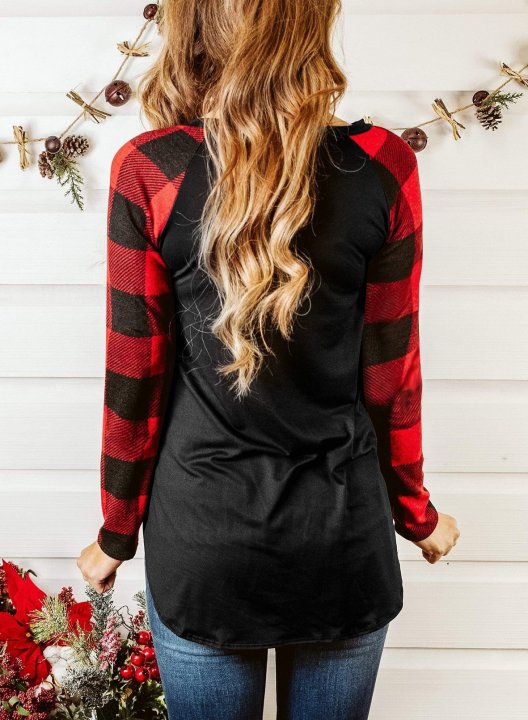 Red Plaid Pocket Sequin Long Sleeve Sweatshirt