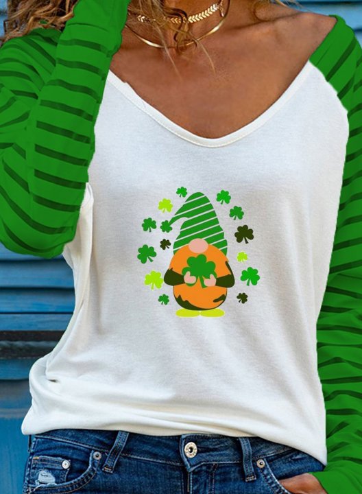 Women's St Patrick's Day Gnome T-shirts Festival Print Long Sleeve V Neck Daily T-shirt