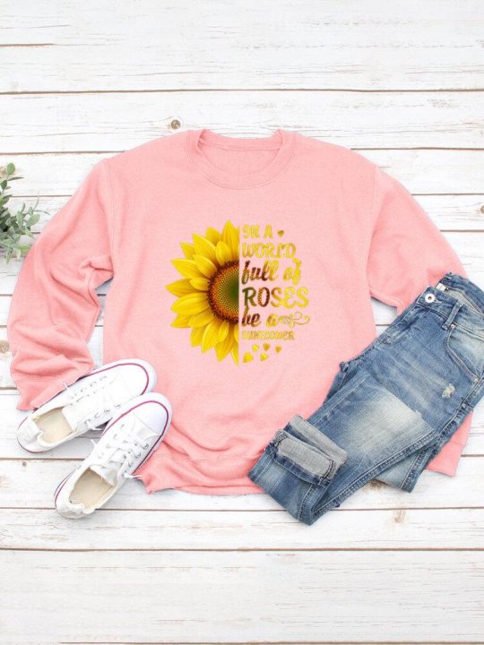 Sunflower Print O-neck Long Sleeves Casual Sweatshirt