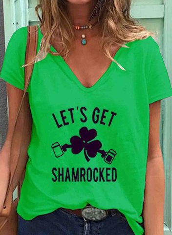 Women's St Patrick's Day GreenT-shirts Clover Let's Get Shamrocked Print Short Sleeve V Neck Daily T-shirt