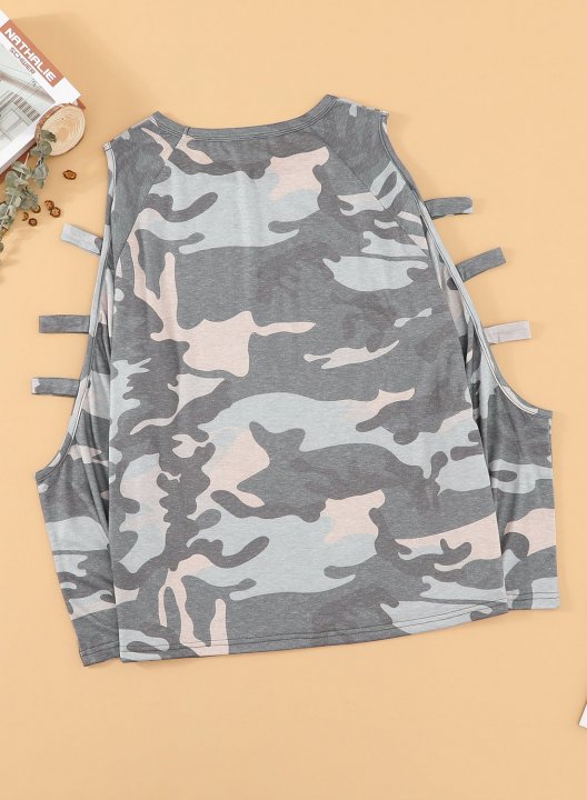 Camo Round Neck Long Sleeve Cut-out Cold Shoulder Sweatshirt