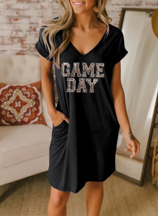 Women's Mini Dresses Fashion Leopard Letter Game Day V Neck Short Sleeve Casual Mini Dress