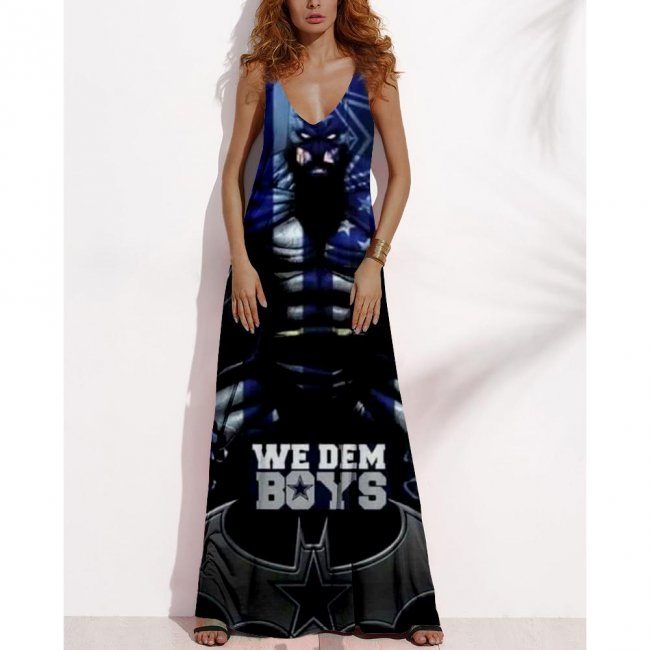 Women's Summer DALLAS COWBOYS Fan Print V-neck Sleeveless Loose Long A-line Dress