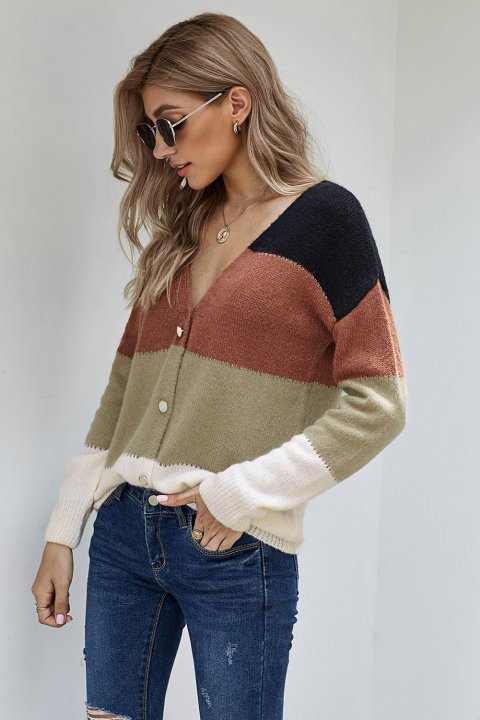 Women's Cardigans V Neck Buttoned Closure Colorblock Cardigans