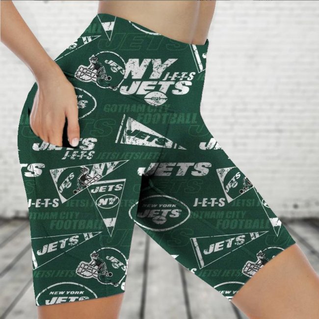 NEW YORK JETS Fitness Running Side Pocket Shorts Tight-Fitting High-Waist Yoga Pants