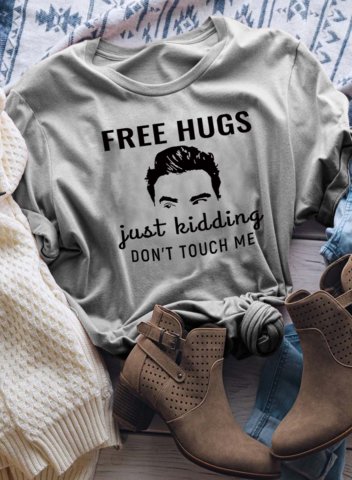 Women's David Rose Free Hugs Just Kidding Don't Touch Me T-shirts Solid Letter Portrait Short Sleeve Round Neck Casual T-shirt