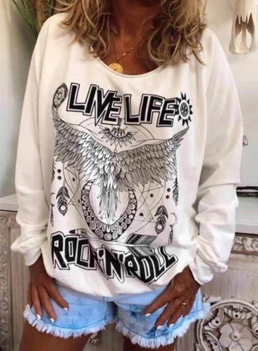 Solid Round Neck Long Sleeve Letter Print Sweatshirt