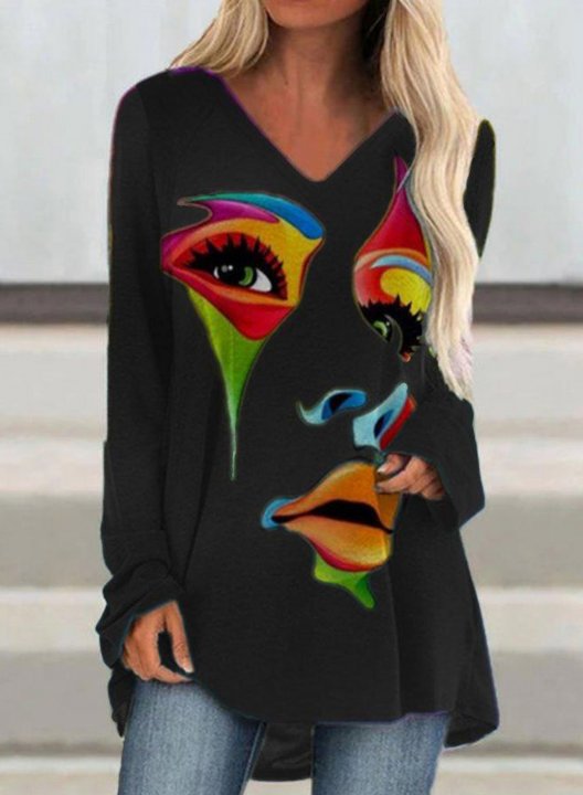 Women's Tunics Color Block Abstract Portrait Long Sleeve V Neck Daily Tunic