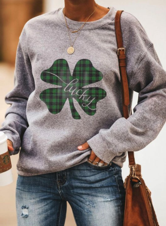 Women's St.Patrick's Day Sweatshirt Plaid Letter Lucky Clover Print Long Sleeve Round Neck Casual Sweatshirt