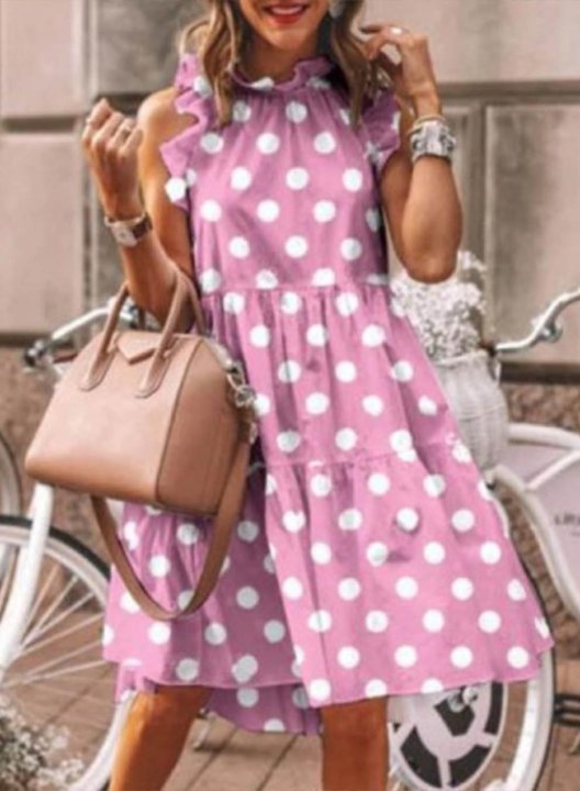 Women's Mini Dresses Ruffle Fit & Flare Solid Polka Dot Flower-prints Sleeveless Crew Neck Daily Casual Mini Dress