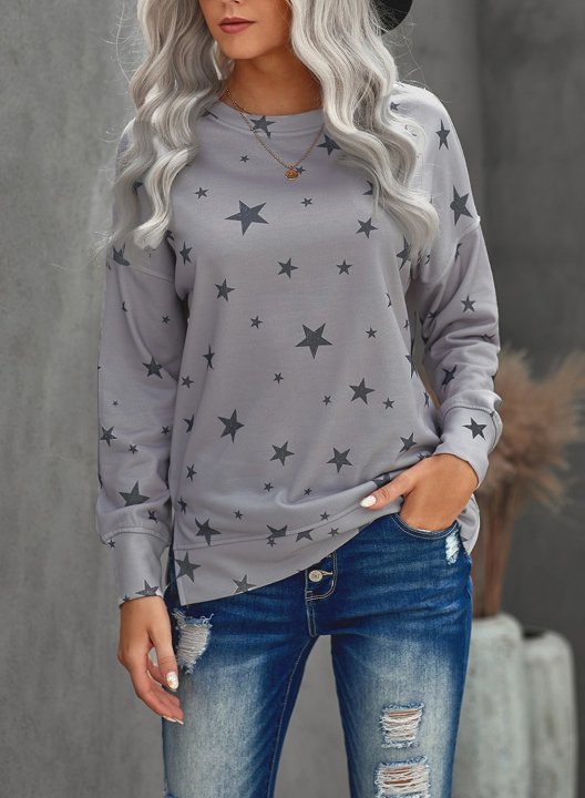 Women Star Print Long Sleeve Round Neck Tunics