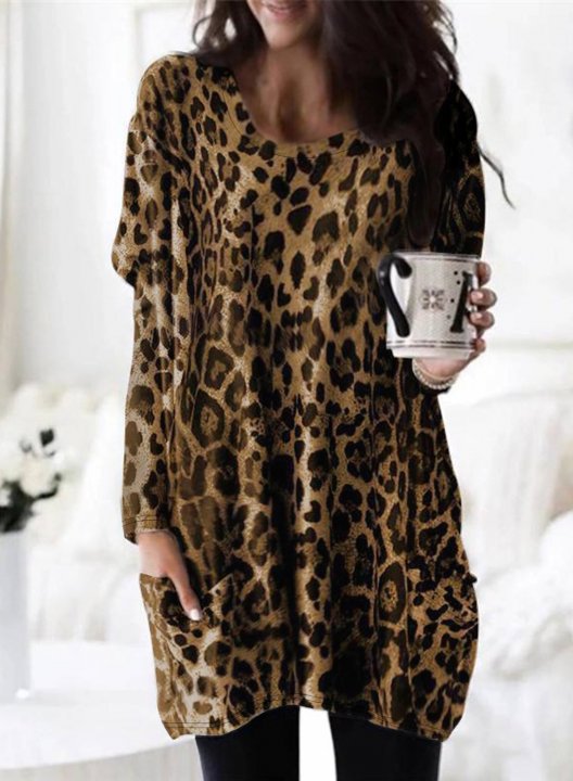 Leopard Round Neck Long Sleeve Tunic Sweatshirt