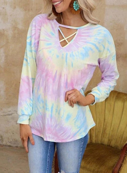 Women's T-shirts Color Block Cut-out Round Neck Long Sleeve Casual Daily T-shirts