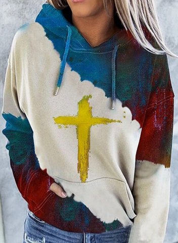 Women's Cross Print Hoodies Drawstring Long Sleeve Color Block Hoodies With Pockets