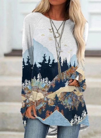 Long Sleeve Round Neck Buttocked Forest Printed Sweatshirt