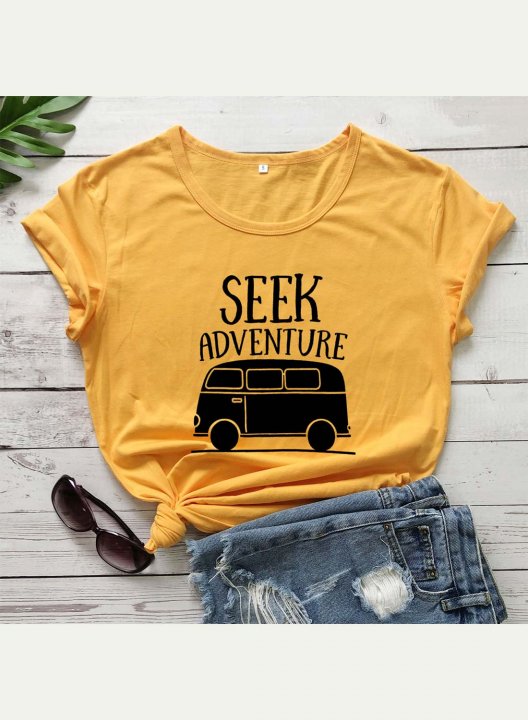 Women's Seek Adventure T-shirts Letter Bus Short Sleeve Round Neck Casual T-shirt