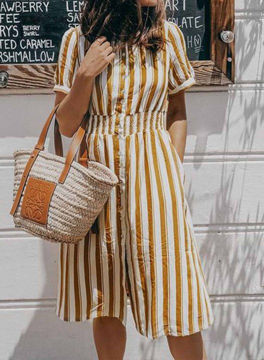 Women's Dresses Striped Short Sleeve Round Neck Vacation Daily Casual Button Knee Length Dress