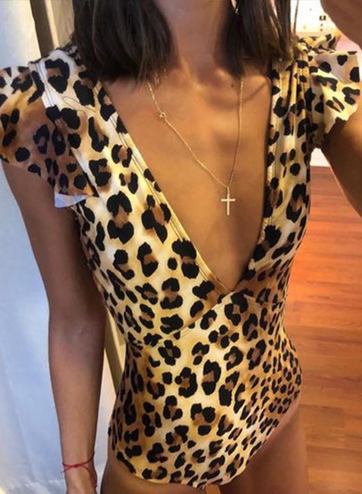 Women's One-Piece Swimsuits One-Piece Bathing Suits Leopard Color Block Short Sleeve V Neck Ruffle One-Piece Swimsuit
