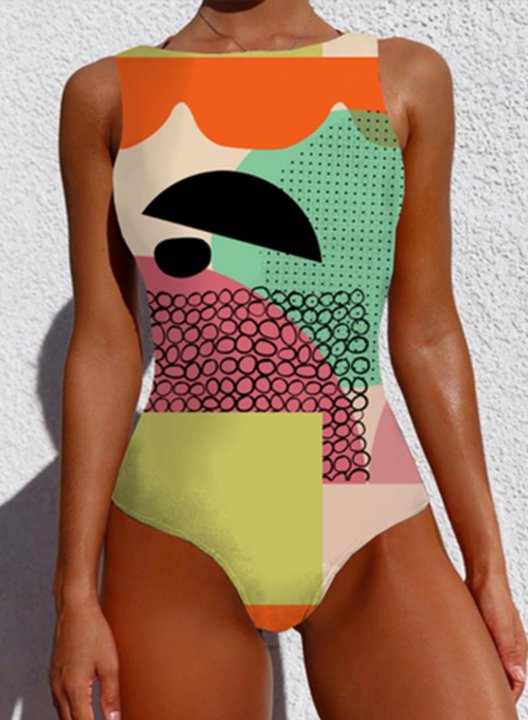 Women's One Piece Swimwear Geometric Round Neck Vintage Sporty One-Piece Swimsuits One-Piece Bathing Suits