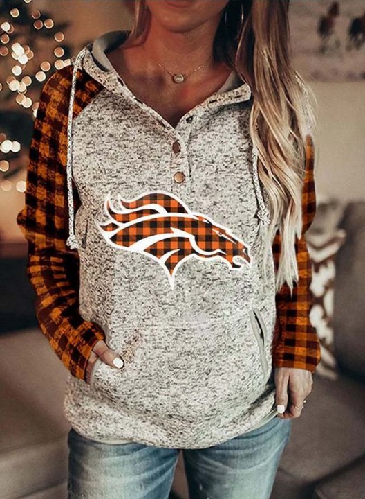 Women's Horse Hoodies Color Block Plaid Long Sleeve Button Pocket Hoodie