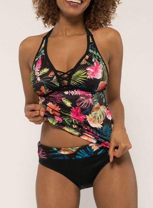 Women's Tankinis Color Block Floral Padded V Neck Halter Vacation Beach Tankini