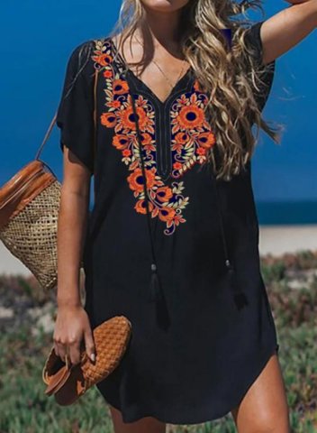 Women's Mini Dresses Tribal Embroidery Beach Dress