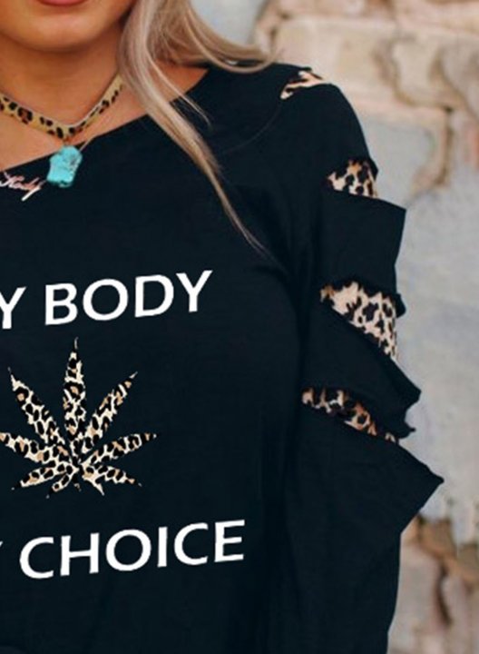 Women's Choice Slogan Sweatshirt Leopard Letter Long Sleeve Cold-shoulder Casual Pullover