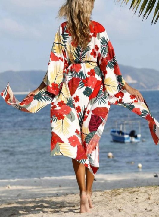 Women's Cover-ups Fruits & Plants V Neck Long Sleeve Open Front Drawstring Vacation Beach Vintage Cover-ups