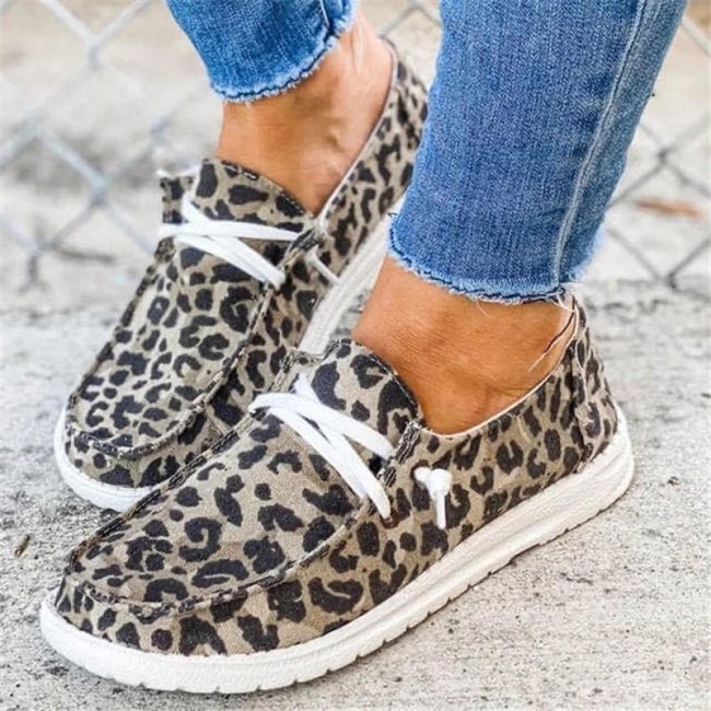 Leopard Lace Up Round Toe Flat Sneakers