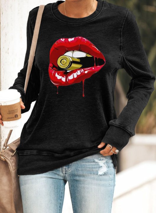 Solid Lips Print Long Sleeve Round Neck Sweatshirt