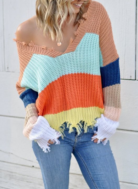 Women's Sweaters Casual Striped Distressed Sweaters