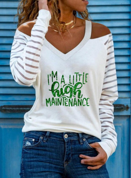 Women's I'm A Little High Maintenance Striped Cold Shoulder Sweatshirt Color Block Letter V Neck Long Sleeve Daily T-Shirt