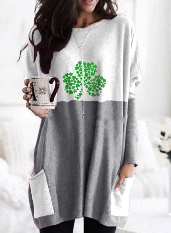 Women's Shamrock Tunic Tops Color Block St Patrick's Day Long Sleeve Round Neck Pockets Tunic