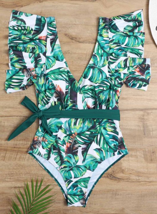 Women's One Piece Swimwear Floral V Neck Short Sleeve Ruffle Knot Casual One-Piece Swimsuits One-Piece Bathing Suits