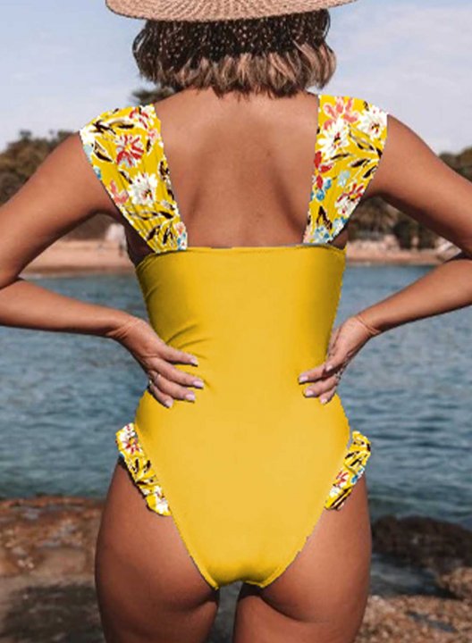 Women's One Piece Swimwear Ruffle Knot Color Block Floral U Neck One-Piece Swimsuit