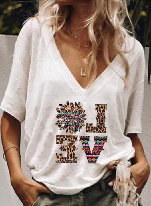 Women's T-shirts Letter Love Geometric Leopard Solid V Neck Short Sleeve Daily Casual T-shirts