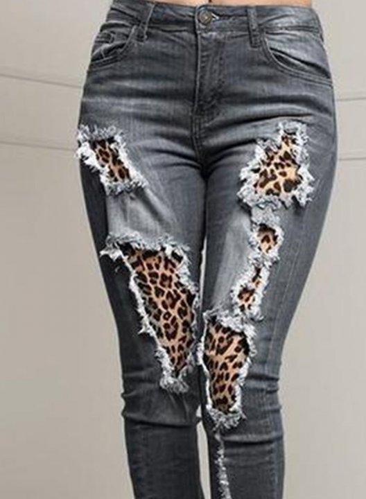 Women's Jeans Mid Waist Slim Leopard Pocket Cut-out Full Length Casual Daily Jeans