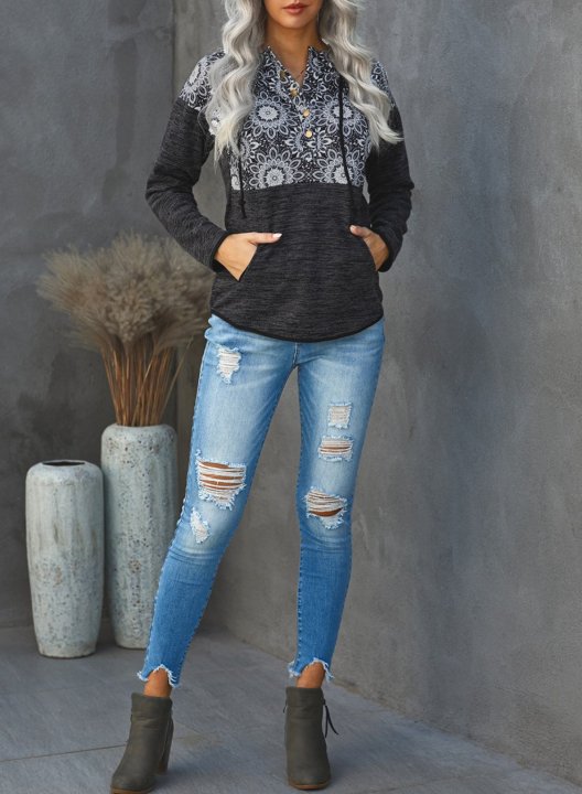 Geometric Long Sleeve Hooded Sweatshirt