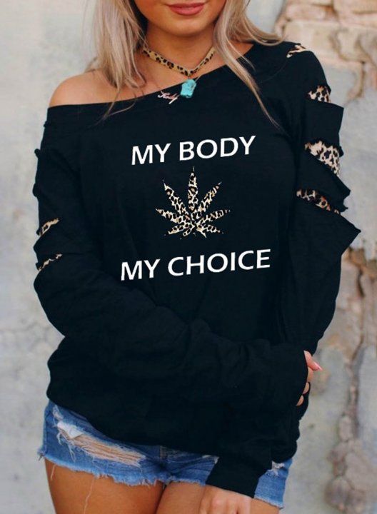 Women's Choice Slogan Sweatshirt Leopard Letter Long Sleeve Cold-shoulder Casual Pullover