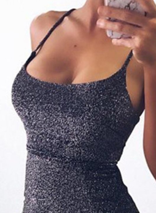 Women's Mini Dresses Solid Sleeveless Bodycon Spaghetti Sequin Prom Mini Dress