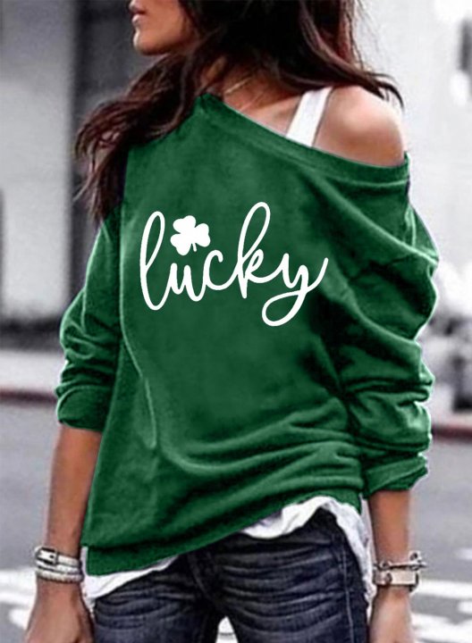 Women's St.Patrick's Day Sweatshirt Solid Green Shamrock Letter Lucky Print Long Sleeve Off Shoulder Casual Pullover