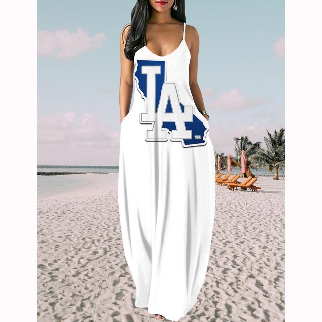 Women's Los Angeles Dodgers Baseball Team Print Sling Pocket Sleeveless Loose Holiday Style Long Dress