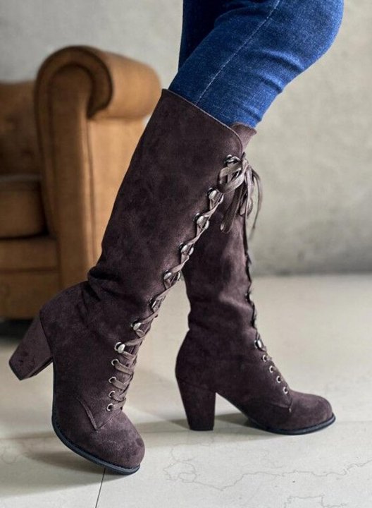 Block Heel Suede Frosted Strap High-heeled Boots