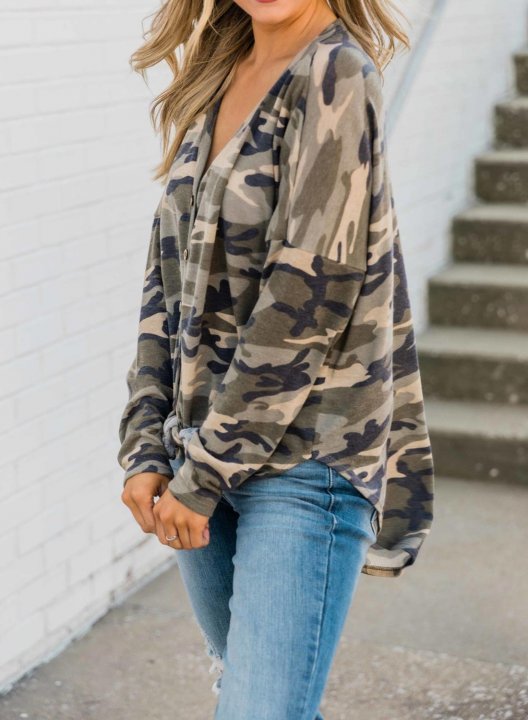 Camo Long Sleeve V Neck Button Sweatshirt