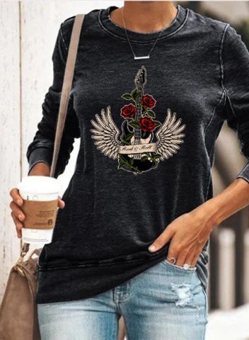 Women's T-shirts Floral Letter Solid Round Neck Long Sleeve Spring Casual Basic T-shirts