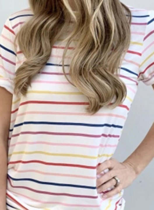 Women's T-shirts Color Block Striped Print Short Sleeve Round Neck Daily T-shirt