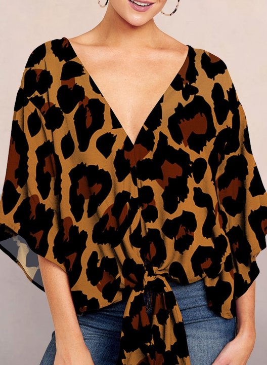 Women's Blouses Leopard Half Sleeve V Neck Knot Vintage Blouse