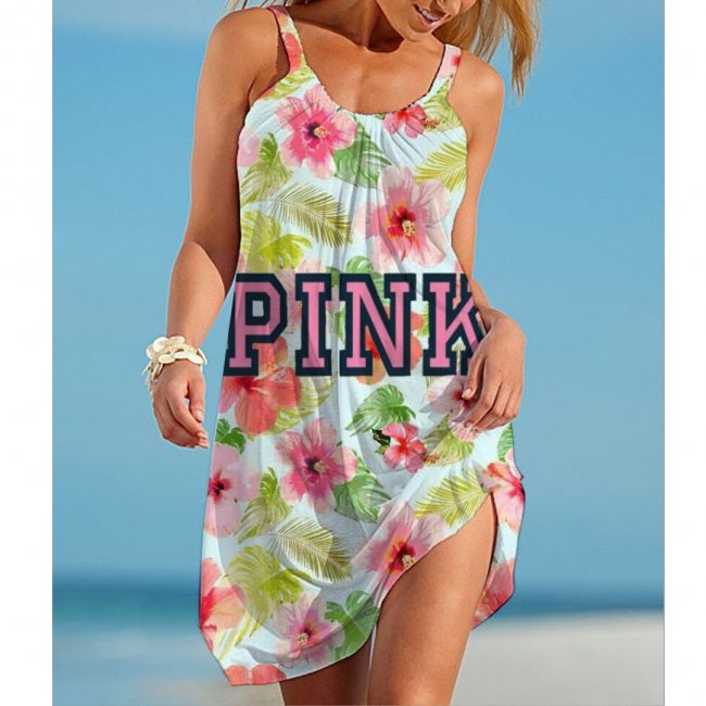 Women's PINK Letter Printed Halter Dress